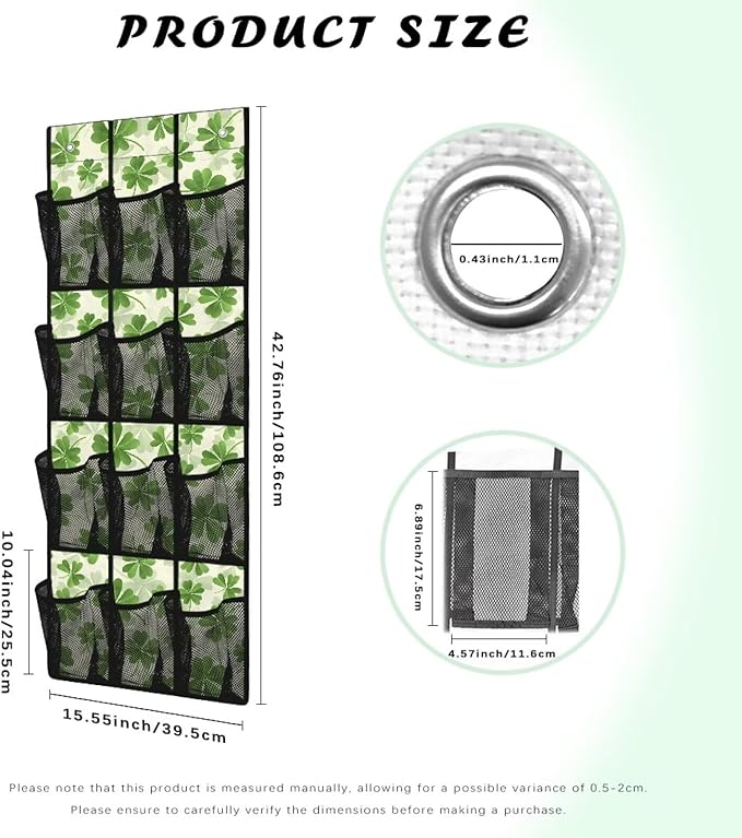 12-Pocket Storage Hanging Bag Behind the Door, Over the Door Organizer for Shoes Toys and Bathroom Essentials, Fabric Door Organizer for Bedroom Closet Dorm, Green Lucky Leaves