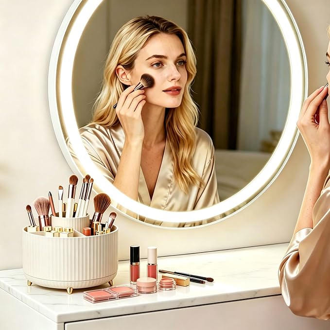 360°Rotating Makeup Brush Holder Organizer, Beige Countertop Cosmetic Display Case, Spinning Skincare Storage Carousel for Vanity, Desktop & Bathroom