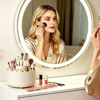 360°Rotating Makeup Brush Holder Organizer, Beige Countertop Cosmetic Display Case, Spinning Skincare Storage Carousel for Vanity, Desktop & Bathroom