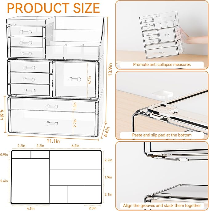 Yieach 3 Pack Clear Makeup Organizer Countertop for Dresser,Vanity and Bathroom Counter Organizer,Tiered Stackable Makeup Acrylic Organizers with 9 Drawer for Skincare,Brush and Make up Holders