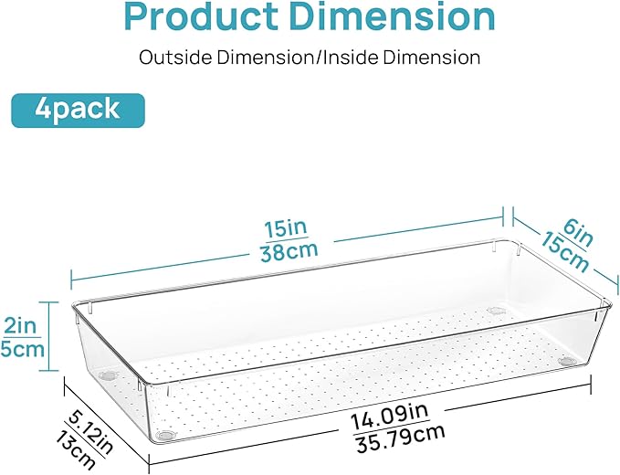Vtopmart 4 Pack 15" X 6" Kitchen Drawer Organizers, Clear Plastic Drawer Organizer Tray, Storage Bins for Flatware, Silverware, Utensil, Cutlery
