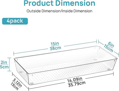 Vtopmart 4 Pack 15" X 6" Kitchen Drawer Organizers, Clear Plastic Drawer Organizer Tray, Storage Bins for Flatware, Silverware, Utensil, Cutlery