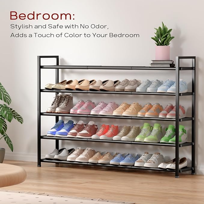 Bumusty 5-Tier Long Expandable Shoe Rack for Closet, 18"-44" Adjustable Shoe Rack for Entryway, 25-30 Pairs Large Shoe Organizer Shelf Storage, Sturdy Metal, Black