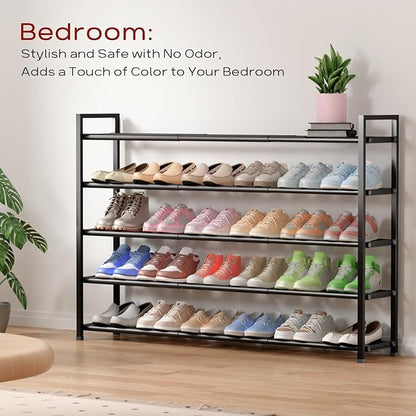 Bumusty 5-Tier Long Expandable Shoe Rack for Closet, 18"-44" Adjustable Shoe Rack for Entryway, 25-30 Pairs Large Shoe Organizer Shelf Storage, Sturdy Metal, Black