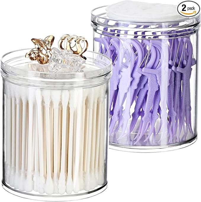 SheeChung 2-Pack Stackable Clear Qtip Holder - 10oz Crystal Apothecary Jars with Storage Lids - Clear Plastic Bathroom Countertop Organizer for Cotton Balls, Swabs, Pads - Pinterest Style Decor