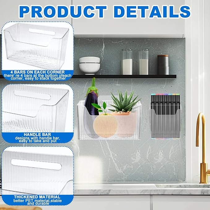 8 Pcs Storage Organizer Bins - Wall Mounted Basket in 2 Sizes, Clear Cabinet Door Stackable Adhesive Hanging Bin for Bathroom, Kitchen, Pantry