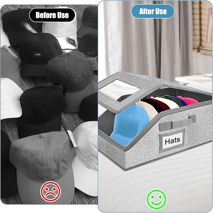 Yotako 2 PCS Stackable Hat Storage for Baseball Caps,Clear Hat Storage Box with Cardboard Holds up to 24 Caps, Baseball Caps Storage Organizer with Hard Lid and Handle Design for Closet Use, Grey