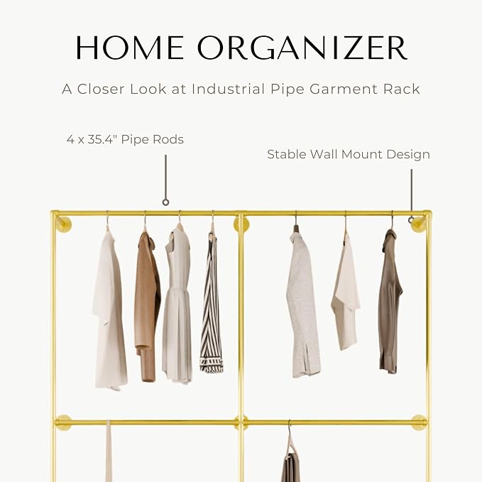 Gold Industrial Pipe Clothing Rack 75" W Wall Mounted, Heavy Duty Iron Garment Rack 150 lbs per Rod, Open Closet Organizer for Bedroom Laundry Room Retail Display
