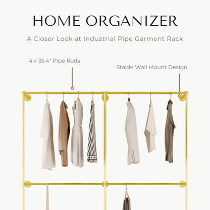 Gold Industrial Pipe Clothing Rack 75" W Wall Mounted, Heavy Duty Iron Garment Rack 150 lbs per Rod, Open Closet Organizer for Bedroom Laundry Room Retail Display
