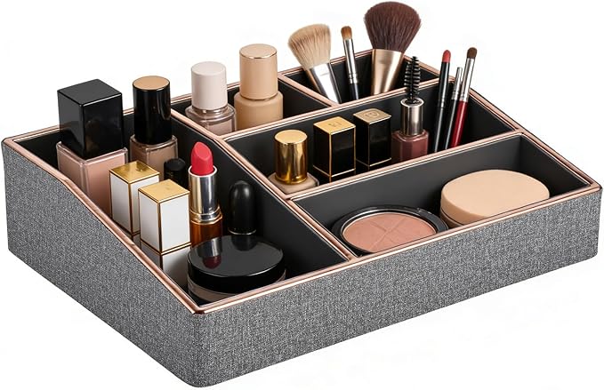 PU Leather Makeup Organizer Tray,Large Vanity Organizer,Cosmetic Storage Box for Lipstick Brushes Skincare Perfume,Cosmetic Display Case Rose Gold-trimmed for Dresser,Bathroom Countertop(Grey)