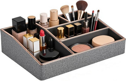 PU Leather Makeup Organizer Tray,Large Vanity Organizer,Cosmetic Storage Box for Lipstick Brushes Skincare Perfume,Cosmetic Display Case Rose Gold-trimmed for Dresser,Bathroom Countertop(Grey)