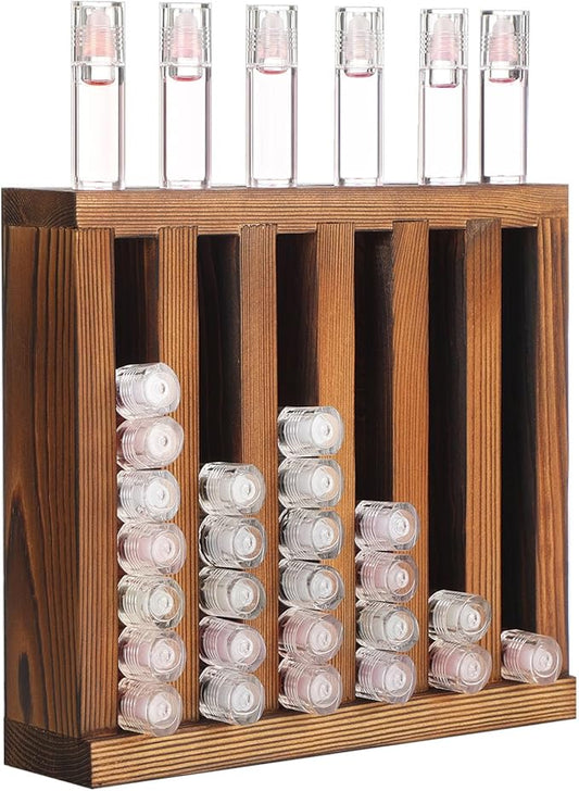 Wonderjune 1 Pcs 6 Slot Wooden Lipsticks Holder 0.7 Inch Lip Balm Tube Holder Lip Gloss Organizer Display Wood Lipsticks Tube Tower Organizer for Market Craft Booth Room Display (Brown)