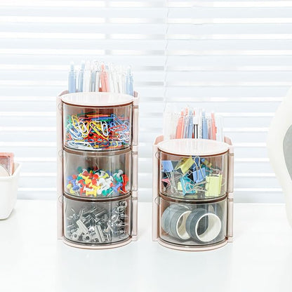 FABROK 3-Layer Hair Accessories Organizer with Brushes Holder, Rotating Small Jewelry Box for Hair Ties Clip Earring Necklaces, Bathroom Vanity Desktop Organizer Case for Cotton Swab(Pink)