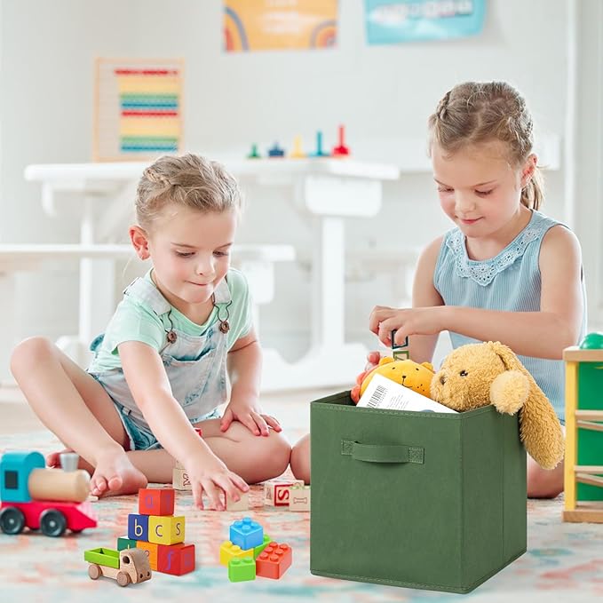 Stero Fabric Storage Bins 6 Pack Fun Colored Durable Storage Cubes with Fabric Handles Foldable Cube Baskets for Home, Kids Room, Closet and Toys Organization Dark Green