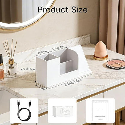 LADSTAG Makeup Brush Holder Organizer with Phone Charging Stand Leather Cosmetic Cup for Perfume, Nail Polish, Lipstick & Art Supplies | Vanity, Bathroom & Desktop Organizer