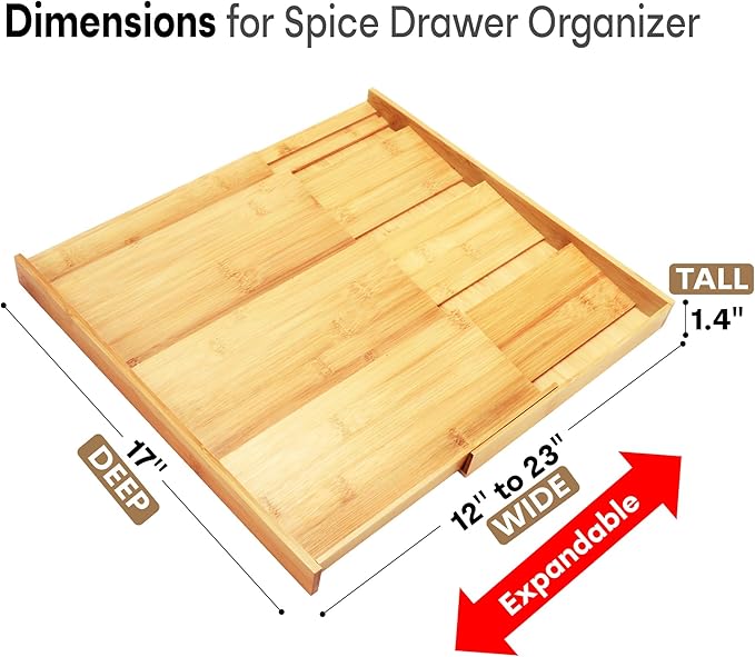 Bamboo Spice Drawer Organizer, (Need 3.1” Deep Drawer) Expandable 4 Tier Spice Rack for Cabinet (From 12" to 23" Wide), Seasoning Storage Insert, Spice Organizer for Drawer,Jars Not Included
