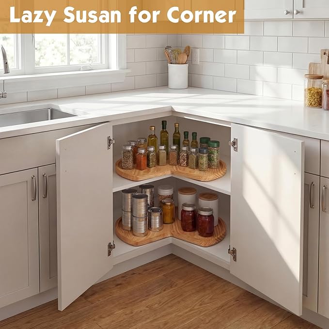 Leinuosen 2 Pcs 24in/28in/32in Banded Pine Wood Full Kidney Shaped Lazy Susan for Corner Base Cabinets with Iron Swivel Bearing for Kitchen Turntables, Not Include Metal Rod(24 Inch,Wood Color)