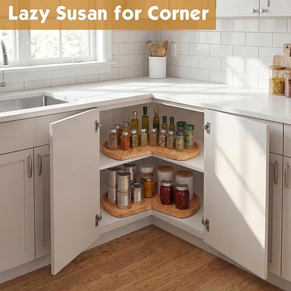 Leinuosen 2 Pcs 24in/28in/32in Banded Pine Wood Full Kidney Shaped Lazy Susan for Corner Base Cabinets with Iron Swivel Bearing for Kitchen Turntables, Not Include Metal Rod(24 Inch,Wood Color)