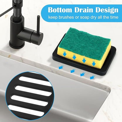 Topsky 2Pcs Soap Dish Holder, Non-Slip Bathroom Accessories Silicone Soap Case Saver, Sink Deck Bathtub Shower Dish Soap Drainer, Silicone Holder for Soap, Sponges, Scrubber (Black-2pcs)
