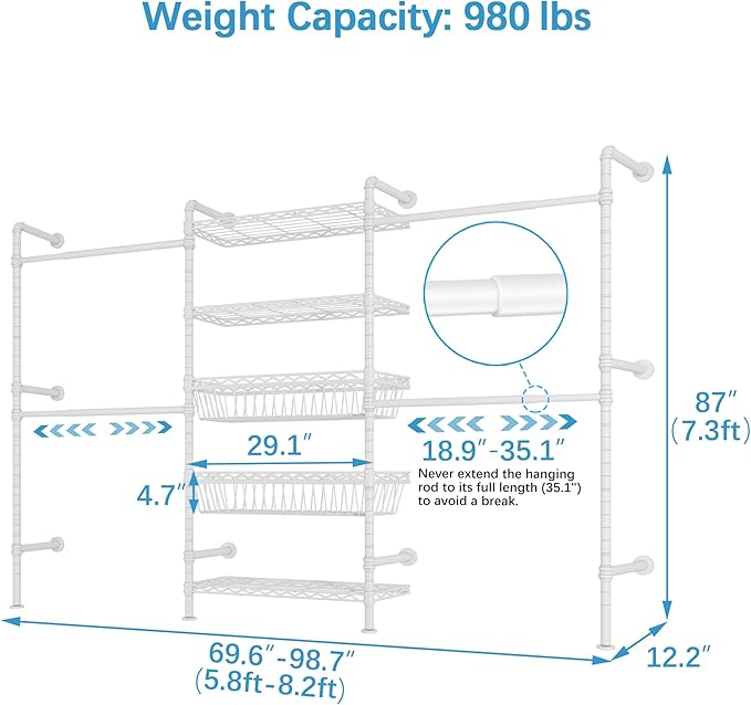 Timate X3i Garment Rack for Hanging Clothes Load 980lbs, Expandable Wall Mounted Closet System with Baskets Industrial Pipe Heavy Duty Clothes Rack Walk in Closet, Adjustable from 5'10" to 8'3", White