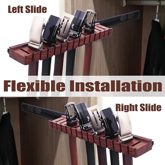14 Belts Walnut Wood Belt Holder with Slide, Left or Right Slide Flexible Install Belt-Rack, Belt Hanger for Closet, Space Saving Belts Storage Organizer, Gift for Men