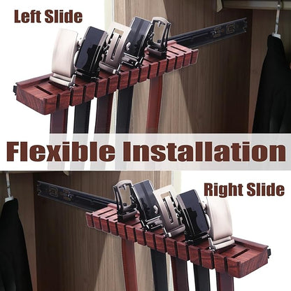 14 Belts Walnut Wood Belt Holder with Slide, Left or Right Slide Flexible Install Belt-Rack, Belt Hanger for Closet, Space Saving Belts Storage Organizer, Gift for Men