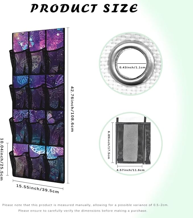 Blue Butterfly Over The Door Organizer, 12 Mesh Pockets Breathable Hanging Storage for Bedroom & Closet, Elegant Design for Scarves, Hats & Accessories