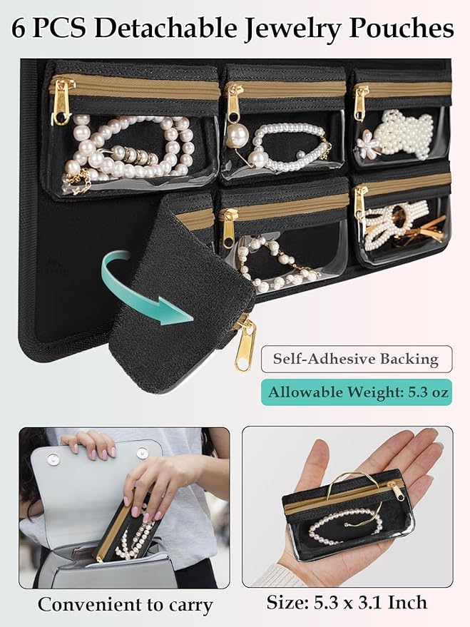MATEIN Over the Door Jewelry Organizer with Travel Pouch, Double-Sided Hanging Necklace Earring Holder with Pockets, Large Jewelry Storage for Rings Bracelets, Beige-Brown