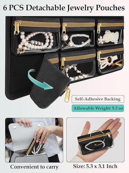 MATEIN Over the Door Jewelry Organizer with Travel Pouch, Double-Sided Hanging Necklace Earring Holder with Pockets, Large Jewelry Storage for Rings Bracelets, Beige-Brown