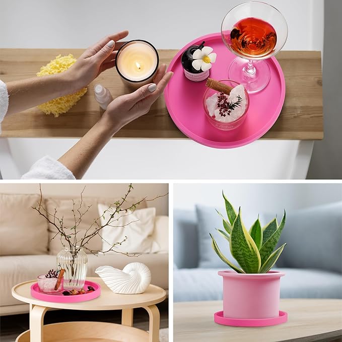 NiHome Thickened Silicone Vanity Organizer Tray for Bathroom Accessories, Kitchen Countertop, Living Room Decor, Multipurpose Shatter-Resistant Round Tray Decor for Candle Perfume Soap Plant(Hot Pink)