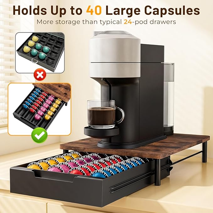 Coffee Pod Drawer Organizer for Nespresso Vertuo, Patented Flexible Slot Design Holds Up to 40 Large Capsules, Rustic Wood Look, Fits Under Coffee Machines