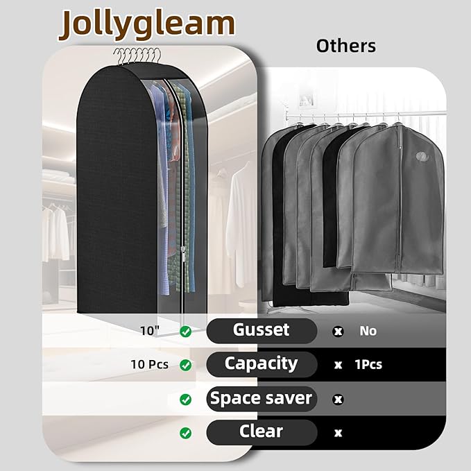 Black Garment Bags for Hanging Clothes 4 Packs, 10“ Gusseted and 43" Clothes Protectors for Hanging Clothes for Closet, Shirts, Coats, Dresses