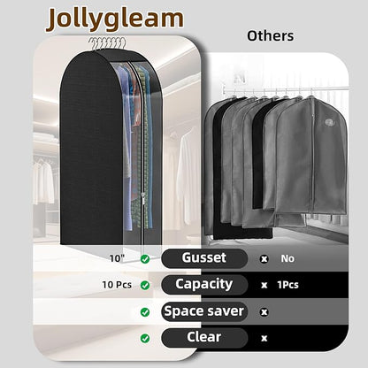 Black Garment Bags for Hanging Clothes 4 Packs, 10“ Gusseted and 43" Clothes Protectors for Hanging Clothes for Closet, Shirts, Coats, Dresses