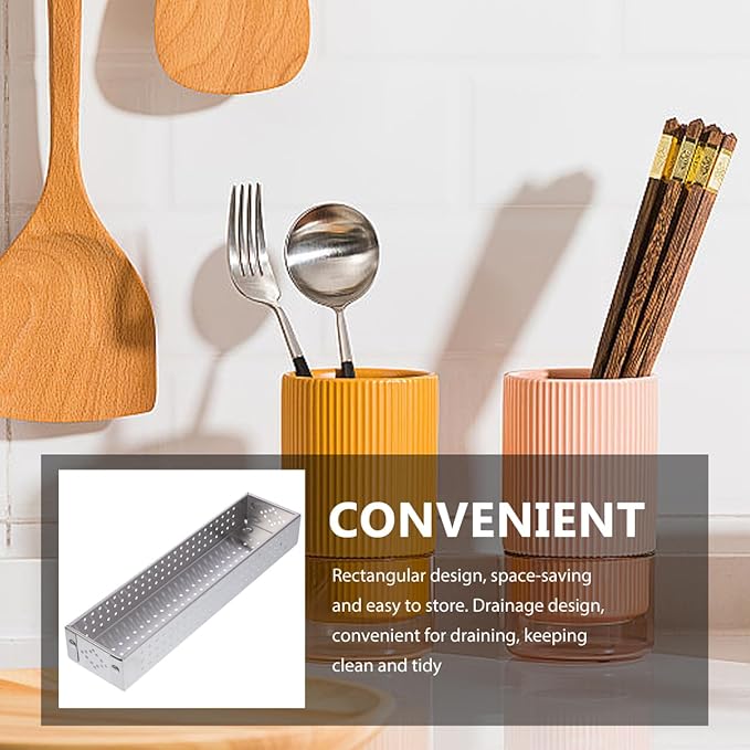 Hemoton Stainless Steel Utensil Storage Box 304 Cutlery Organizer with Drainage Design Large Capacity Rectangular Chopstick Holder for Kitchen and Restaurant 11.02X2.67X1.57 Inches