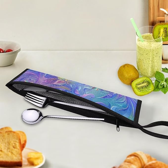 COEQINE Abstract Flower Utensil Holder Rainbow Flatware Irganizer for Cutlery Pouch Metal Straws Case With Handles for Work Travel Accessories Lightweight Foldable Tableware Bag