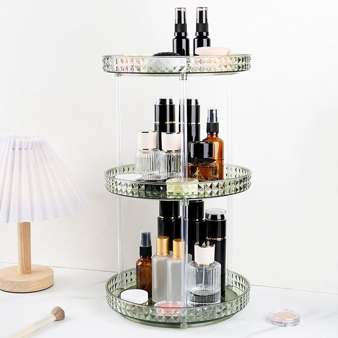 360 Clear Rotating Makeup Organize for Vanity,3 Tiers Lazy Susan with Diamond Pattern, Large-Capacity Skincare Organizers Cosmetic Display Case Organizer for Dresser (Vintage Green, 3Tiers)