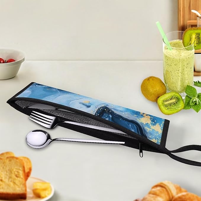 COEQINE Portable Utensil Case Fashion Marble Travel Frok Spoon Knife With Case Keychain Travel Accessories Lightweight Leafproof With Zipper 11.8 x 2.7 inch