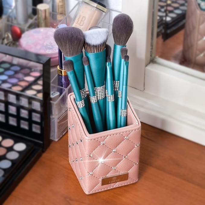 LORYP Crystal Makeup Brush Holder Rhinestone and PU Makeup Brush Organizer Handmade Cosmetic Brush Storage for Dresser Vanity Countertop (Rose Gold)