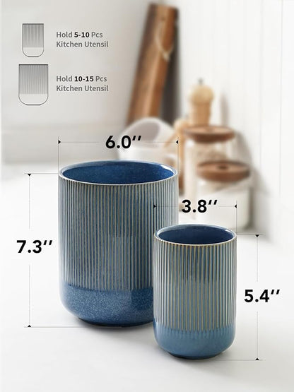 LE TAUCI Utensil Holder for Kitchen Counter, 7.3"+5.4" Fluted Ceramic Utensil Crock Organizer for Countertop, Heavy Large Holder for Spatulas, Spoons, Set of 2, Blue Marble
