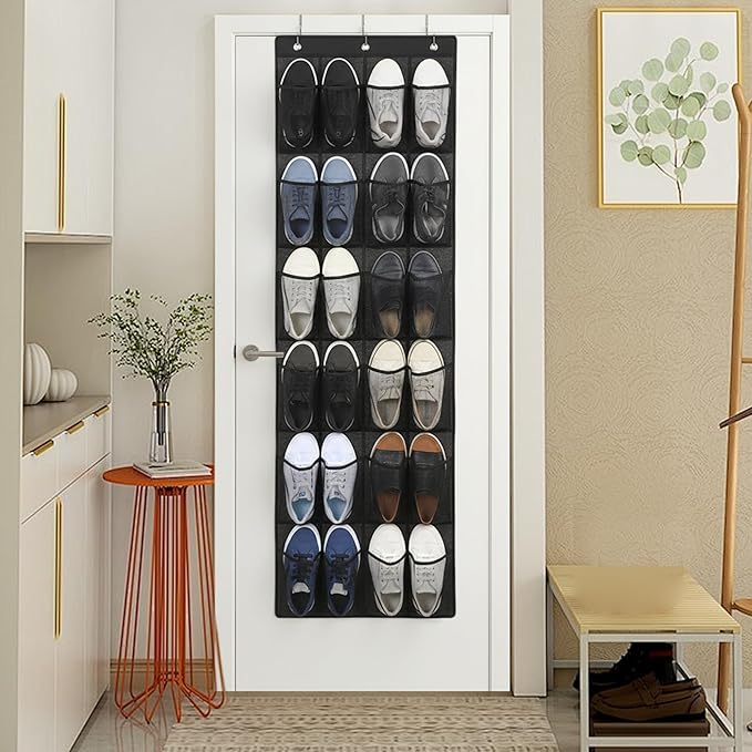 Shoe Hanger for Door, 24 Mesh Pocket Over the Door Organizer, Space Saving Hanging Storage Holder (64x19 Inch, Black)
