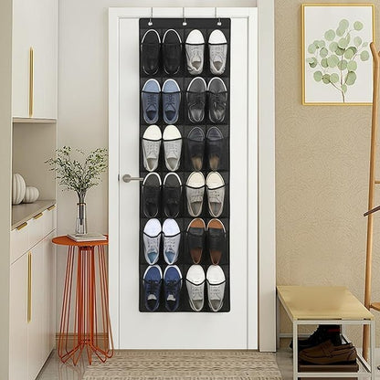 Shoe Hanger for Door, 24 Mesh Pocket Over the Door Organizer, Space Saving Hanging Storage Holder (64x19 Inch, Black)