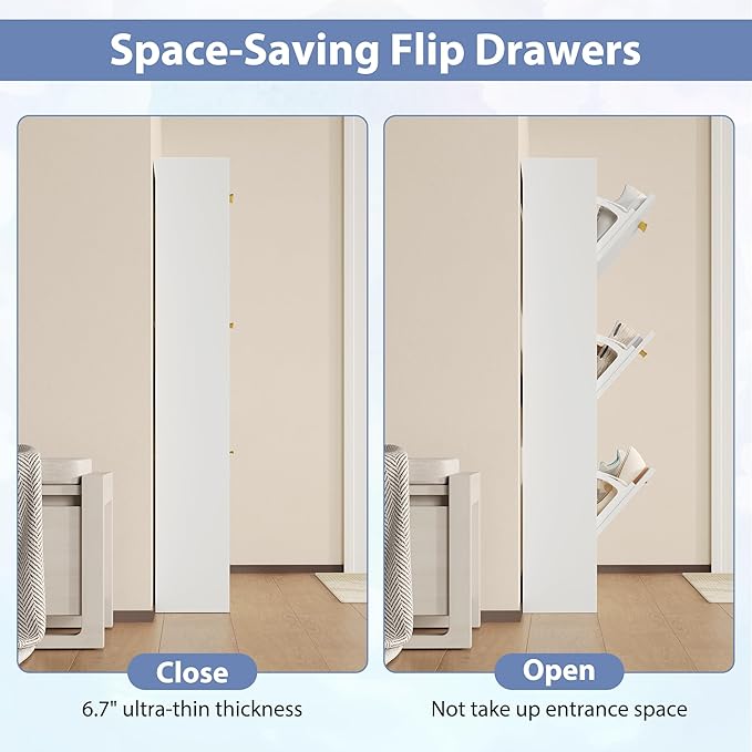 Shoe Cabinet Storage for Entryway, Shoe Cabinet with 3 Flip Drawers, White Modern Shoe Organizer Wood, Freestanding Small Thin Shoe Racks with Doors, White