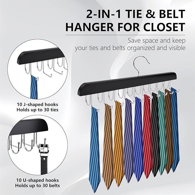 4 Pcs Tie Organizer for Closet, Wood Belt Hanger 2 in 1 Tie Racks for Men Closet with 20 Folding Hooks(Black)