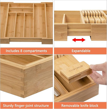 TIOPGHAD Bamboo-Silverware-Drawer-Organizer-Kitchen, Expandable Utensil Holder Cutlery Tray Flatware Organization Adjustable Wood Tableware Dividers Storage (with Removable Knife Block)(Natural)