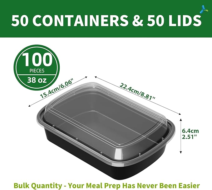 38oz Heavy Duty Meal Prep Containers with Lids, APSIC 50 Sets 1-Compartment Disposable Plastic To Go Containers, BPA Free Microwave Safe Take Out Food Storage Box for Lunch Leftover Freezer Dishwasher