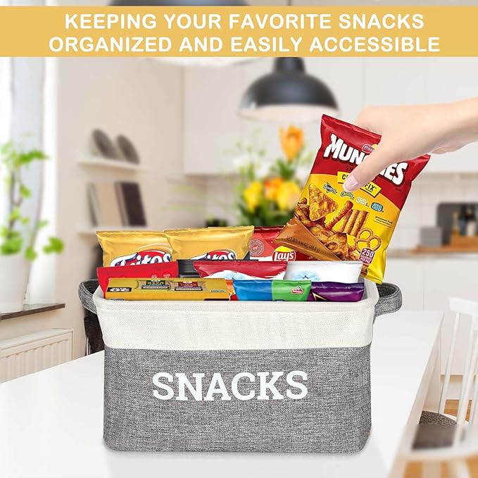 Snack Organizer for Pantry, Foldable Fabric Snack Storage Basket with Handles, Snack Bin Pantry Storage and Organization, Snack Organizer for Countertop, Kitchen, Movie Night, Office, Waiting Room
