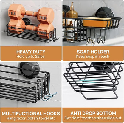 LEVERLOC Shower Caddy Suction Cup, 3 Pack Heavy Duty Bathroom Organizer for Inside Shower with Hooks & Soap Holder, Removable Bathroom Organizer, Rustproof Black Holder Storage Black