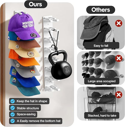 Hat Organizer for Baseball Caps Wall, 2 Pack Hat Holder for Closet Door Hold up to 16 Hats,Hat Hook with Adhesive and 8 Screws, Hat Hanger Cap Holder Hat Hangers for Wall Closet Door Bedroom(A-White)