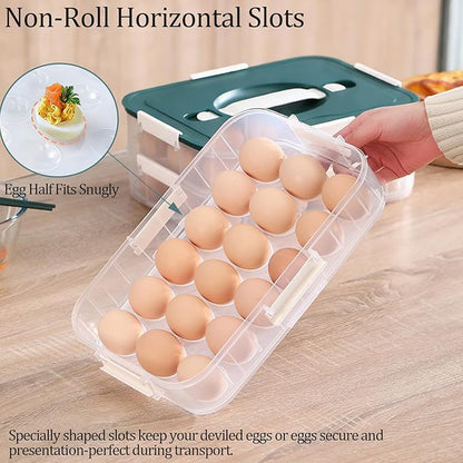 VitalYang Deviled Egg Container with Lid, Double Layer Egg Container, 36 Count Deviled Egg Tray- Secure Lock & Handle, Stackable, Leak-Proof Design for Parties & Catering, Green