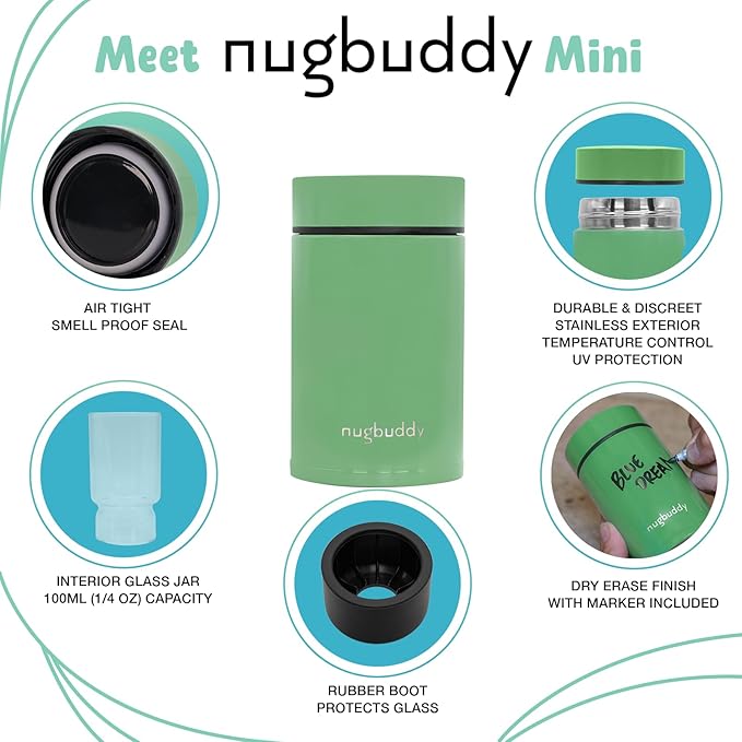 nugbuddy Mini Airtight Storage Container - Vacuum Sealed Insulated w Nested Glass Jar - UV Protection, Temperature Controlled Stainless - Whiteboard Finish w Marker Included - 100 ml (1/4 Oz)